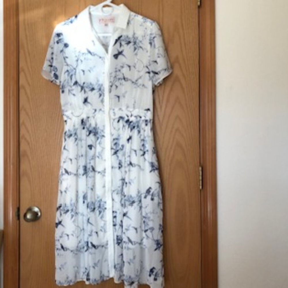 NWOT Philosophy White Chiffon Collared Dress Navy Blue Birds on Branches Size 8